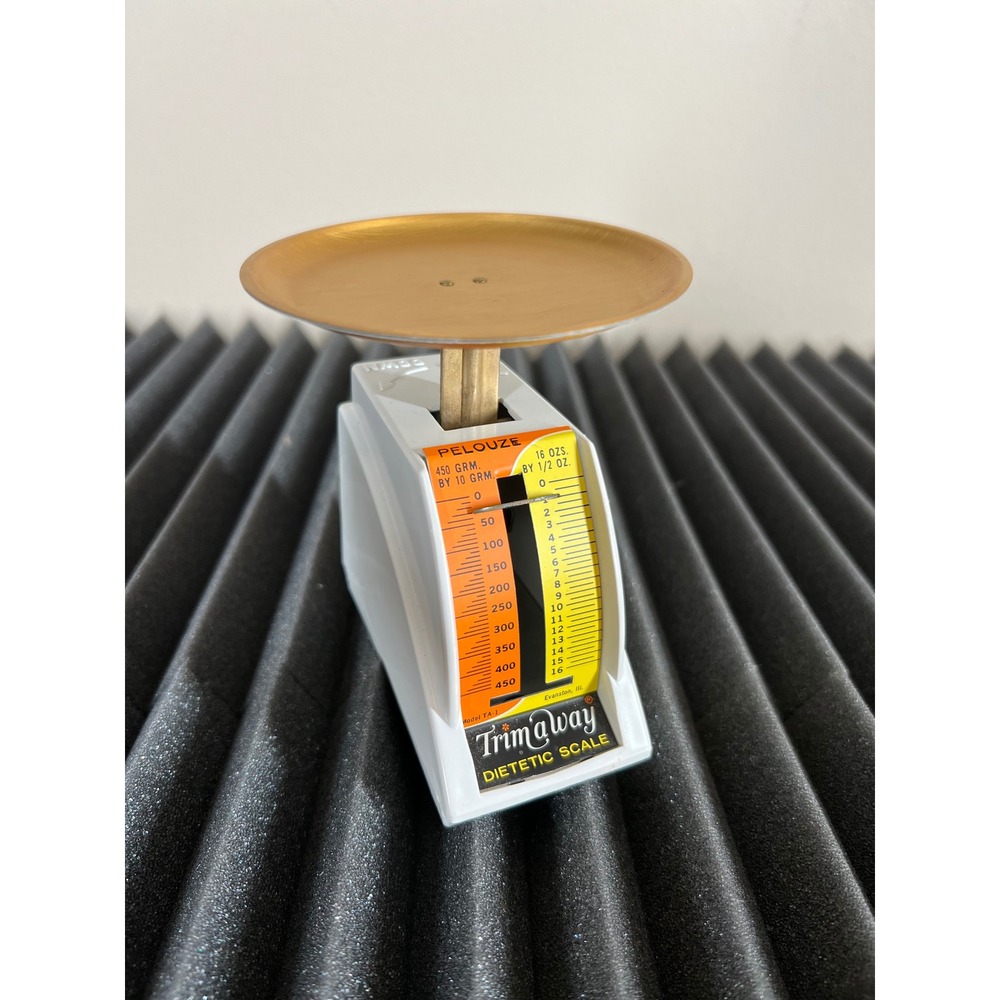 Vintage Pelouze TrimAway Dietetic Kitchen Food Scale Gray Gold‎ Retro